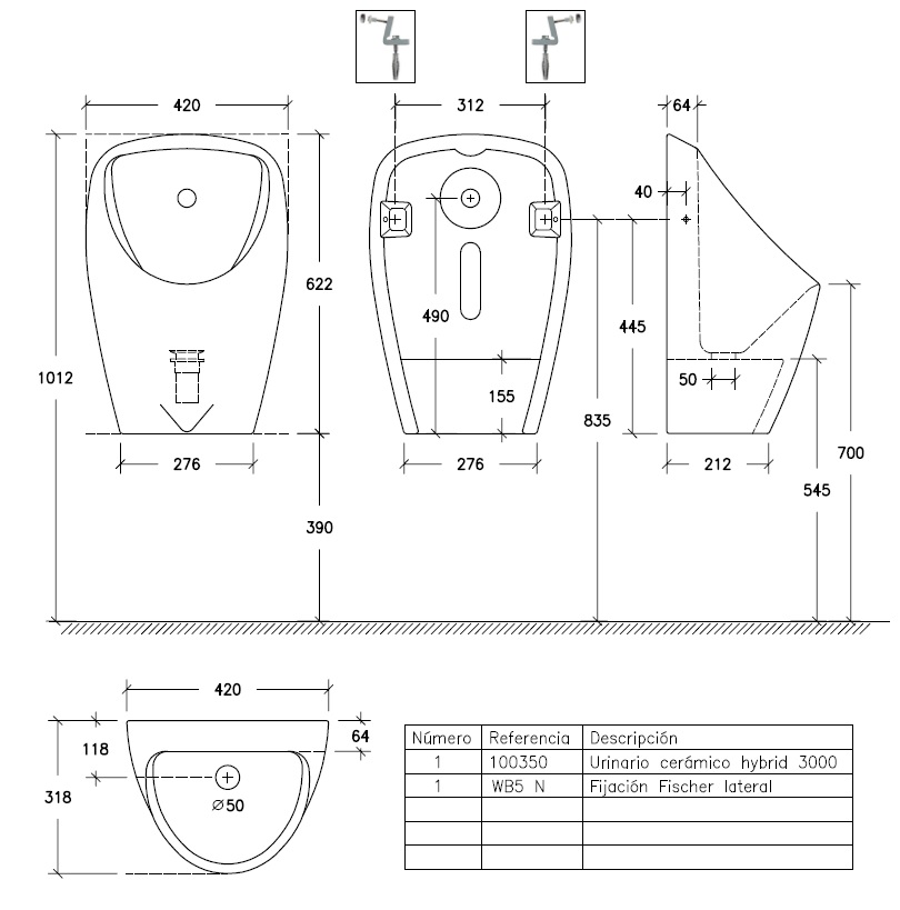 Urinario Cerámico ecológico Hybrid 3000 FL 50 blanco con Valvula UtyLock Kit Premium y prolongador