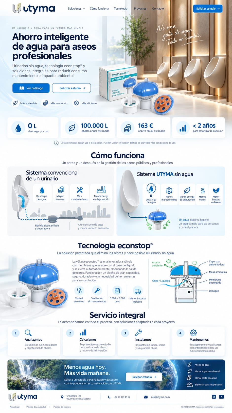 Esquema de funcionamiento de urinarios y válvula econstop; servicio de análisis, cálculo, instalación y mantenimiento